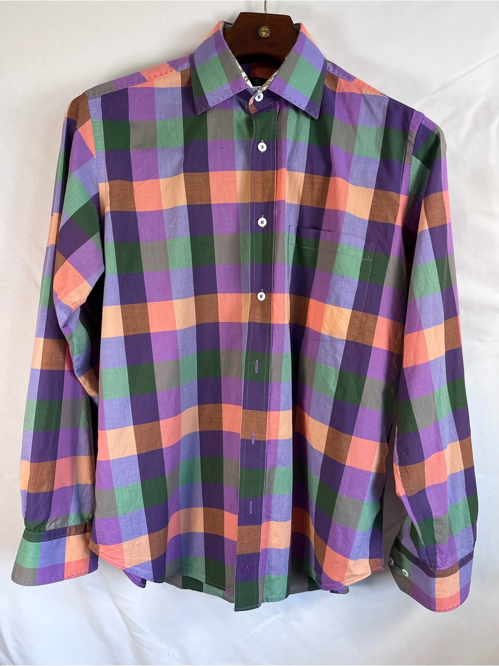 Bugatchi Uomo Men’s Medium Multicolor Plaid Shirt Purple Green Peach 100% Cotton